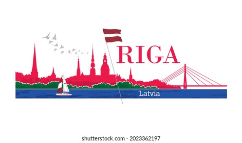 Riga Latvia city with National flag. Skyline color vector silhouette illustration.