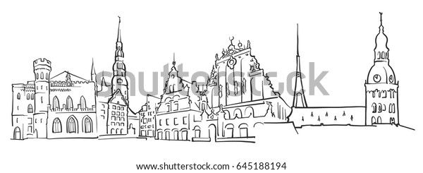 Riga Latvia Panorama Sketch Monochrome Urban Stock Vector (Royalty Free ...