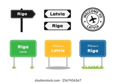 Riga, Latvia road signs set. Welcome to Latvia, label or sticker. Riga city entering signpost. Billboard on the road. Vector illustration
