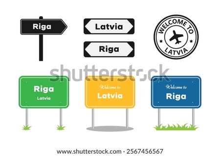 Riga, Latvia road signs set. Welcome to Latvia, label or sticker. Riga city entering signpost. Billboard on the road. Vector illustration