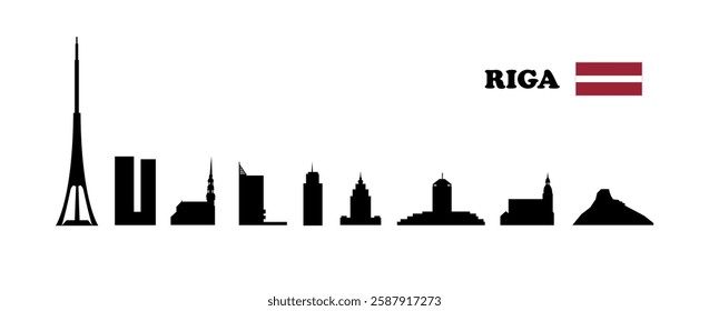Riga (Latvia). Set of black silhouettes of skyscrapers and buildings on a white background. Vector illustration