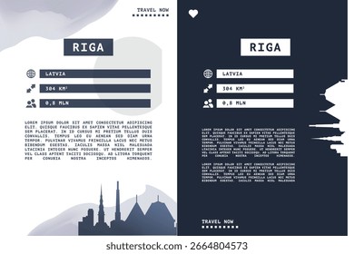 Riga, Letônia vetor infographics, pacote de brochuras. Guia, folheto, folheto modelo gráfico monocromático com texto, informações, contorno da linha do horizonte. Página da Web, manual de imagens de maquete definido