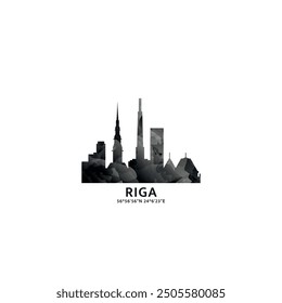 Riga panorama, vector badge, skyline logo and icon. Latvia capital city horizon logotype with landmarks and building silhouettes. Isolated foggy abstract gradient graphic