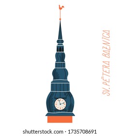 Riga Saint Peter's church tower. Modern hand-drawn upper part of a popular church in Riga, Latvia. Beautiful architecture and design. Isolated vector element on white.