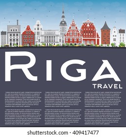 Línea aérea de Riga con monumentos, cielo azul y espacio para copias. Ilustración vectorial. Concepto de viajes de negocios y turismo con edificios históricos. Imagen para Presentación Placard Banner y Sitio Web.