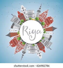 Riga Skyline with Landmarks, Blue Sky and Copy Space. Vector Illustration. Business Travel and Tourism Concept with Historic Buildings. Image for Presentation Banner Placard and Web Site.