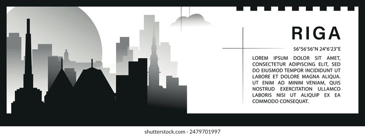Riga skyline vector banner, black and white minimalistic cityscape silhouette. Latvia capital city horizontal graphic, travel infographic, monochrome layout for website