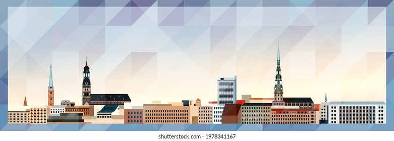 Riga skyline vector colorful poster on beautiful triangular texture background