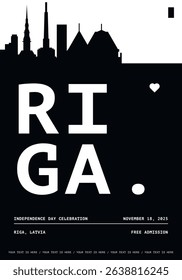 Riga typography minimalist vector poster for national event, public holiday, independence day, festival layout. Brochure, leaflet, flyer, presentation image template for Latvia city