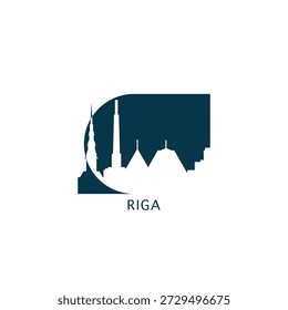 Riga vector icon with skyline, panoramic view, city shape. Latvia capital area landmarks logo concept. Blue flat isolated graphic, badge