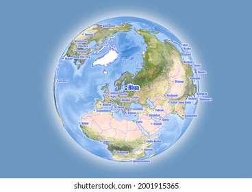 Riga-Latvia se muestra en el mapa del globo vectorial. El mapa muestra la ubicación de Riga-Latvia en el mundo.