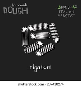 Rigatoni illustration on chalkboard with hand lettering