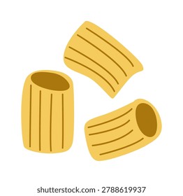 Rigatoni pasta tubes with ridges, three macaroni pieces sketched in a clean cartoon style. Symbol of cuisine, comfort food, tradition, and homemade cooking. Cartoon vector illustration.