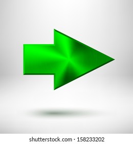 Right abstract arrow sign with green metal texture (silver, chrome, steel), realistic shadow and light background for web sites, user interfaces (UI), applications (apps) and business presentations.