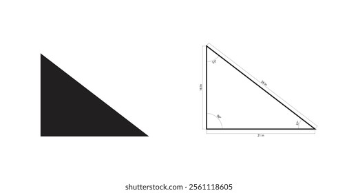 Right angle icon. A black triangle with labeled dimensions, presented alongside a fully labeled, detailed technical drawing of the same triangle.