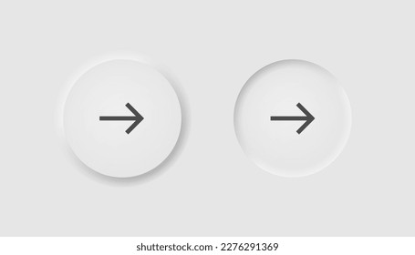 Right arrow button icon in neumorphism style. Icons for business, white UI, UX. Direction symbol. Next, ok, forvard, up, down, left, navigation. Neumorphic style. 