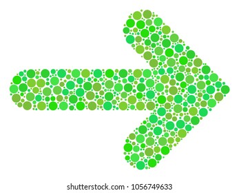 Right Arrow collage of filled circles in different sizes and ecological green shades. Vector filled circles are grouped into right arrow illustration. Freshness vector illustration.