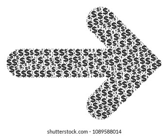 Right arrow composition of dollar symbols and spheric dots. Vector money signs are combined into right arrow collage.