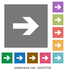 Right arrow flat icon set on color square background.