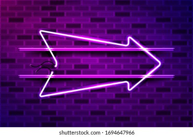 Right arrow glowing neon sign or LED strip light. Realistic vector illustration. Purple brick wall, violet glow, metal holders.