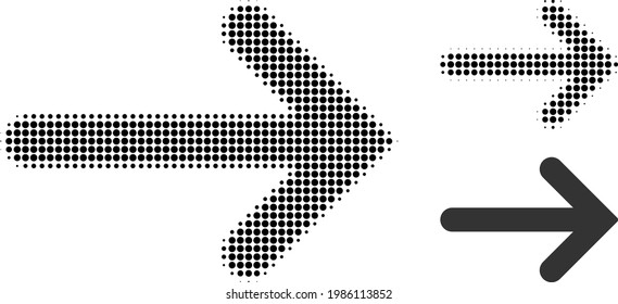 Right arrow halftone dotted icon. Halftone pattern contains round points. Vector illustration of right arrow icon on a white background.