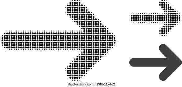 Icono de punto medio de tono de flecha derecha. El patrón de semitono contiene píxeles de círculo. Ilustración vectorial del icono de flecha derecha en un fondo blanco.