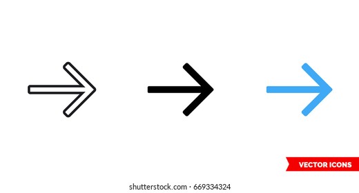 Right arrow icon of 3 types: color, black and white, outline. Isolated vector sign symbol.