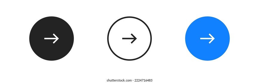 Icono de flecha derecha en círculo azul sobre fondo blanco. A continuación, continúe, las señales de navegación. Interfaz Ui. Introduzca, redireccione los símbolos. Diseño plano. Ilustración vectorial.