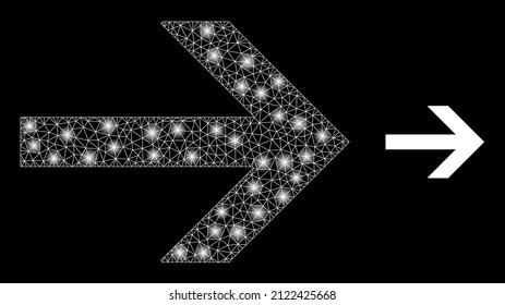 Icono de flecha derecha y modelo de flecha derecha de malla de red brillante con puntos de luz majestuosos. El modelo iluminado se genera usando el icono del vector de flecha derecha y la malla triangular. Carcasa brillante flecha derecha,