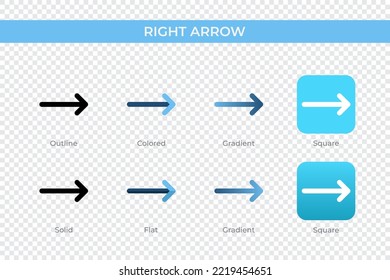 icono de flecha derecha con un estilo diferente. iconos vectoriales de flecha derecha diseñados en contorno, sólido, coloreado, degradado y plano. Símbolo, ilustración del logotipo. Ilustración del vector