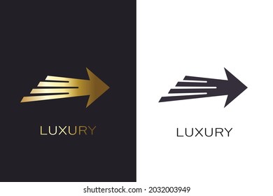 Right arrow icon flying fast speed effect. Vector abstraction with symbols of speed, rush, progress, energy. Golden color