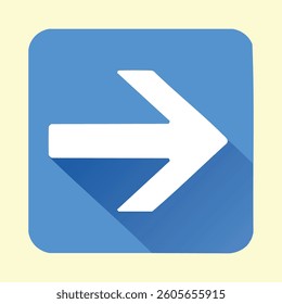 Right arrow icon with long shadow on a square blue background