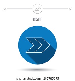 Right arrow icon. Next sign. Forward direction symbol. Blue flat circle button. Linear icon with shadow. Vector