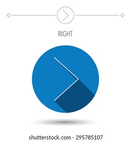 Right arrow icon. Next sign. Forward direction symbol. Blue flat circle button. Linear icon with shadow. Vector