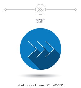 Right arrow icon. Next sign. Forward direction symbol. Blue flat circle button. Linear icon with shadow. Vector