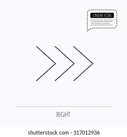 Right arrow icon. Next sign. Forward direction symbol. Linear outline icon. Speech bubble of dotted line. Vector