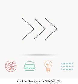 Right arrow icon. Next sign. Forward direction symbol. Global connect network, ocean wave and burger icons. Lightbulb lamp symbol.