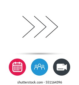 Right arrow icon. Next sign. Forward direction symbol. Group of people, video cam and calendar icons. Vector