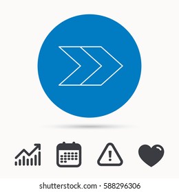 Right arrow icon. Next sign. Forward direction symbol. Calendar, attention sign and growth chart. Button with web icon. Vector