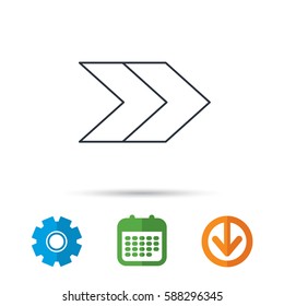 Right arrow icon. Next sign. Forward direction symbol. Calendar, cogwheel and download arrow signs. Colored flat web icons. Vector