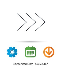 Right arrow icon. Next sign. Forward direction symbol. Calendar, cogwheel and download arrow signs. Colored flat web icons. Vector