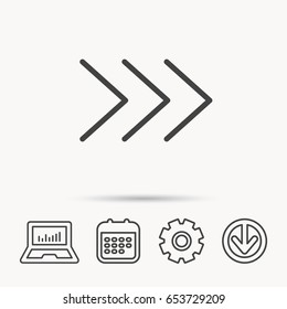 Right arrow icon. Next sign. Forward direction symbol. Notebook, Calendar and Cogwheel signs. Download arrow web icon. Vector