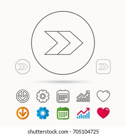 Right arrow icon. Next sign. Forward direction symbol. Calendar, Graph chart and Cogwheel signs. Download and Heart love linear web icons. Vector