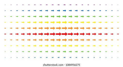 Right arrow icon rainbow colored halftone pattern. Vector right arrow symbols are arranged into halftone matrix with vertical spectrum gradient. Designed for backgrounds, covers,