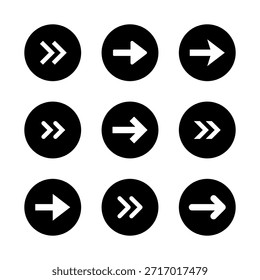 Icono de flecha derecha en círculo negro. Movimiento hacia adelante, símbolo de navegación