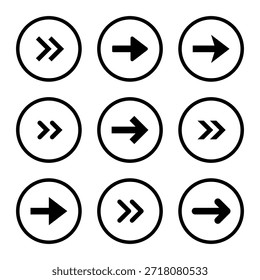 Icono de flecha derecha establecido en contorno circular. Movimiento hacia adelante, símbolo de navegación