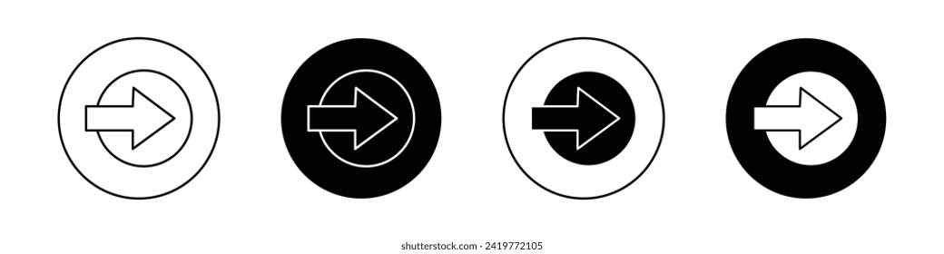 Conjunto de iconos de flecha derecha. Símbolo vectorial de dirección del puntero siguiente y hacia delante en un estilo negro relleno y delineado. Signo del botón derecho.