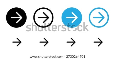 Right Arrow Icon Set - Vector Collection of Next, Forward, and Direction Buttons for Web and App Interface in Line and Solid Styles

