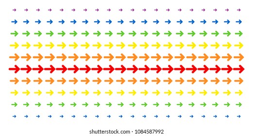 Right Arrow icon spectral halftone pattern. Vector shapes arranged into halftone grid with vertical spectral gradient. Designed for backgrounds, covers, templates and abstract effects.