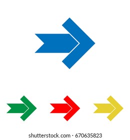 Right arrow icon. Vector. Big blue flat icon with red, green and yellow small icons at white background. Isolated.